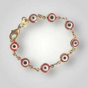 Kids GHR Evil Eye Bracelet Red Nazar Gold Tone Protection Charm 5.5”